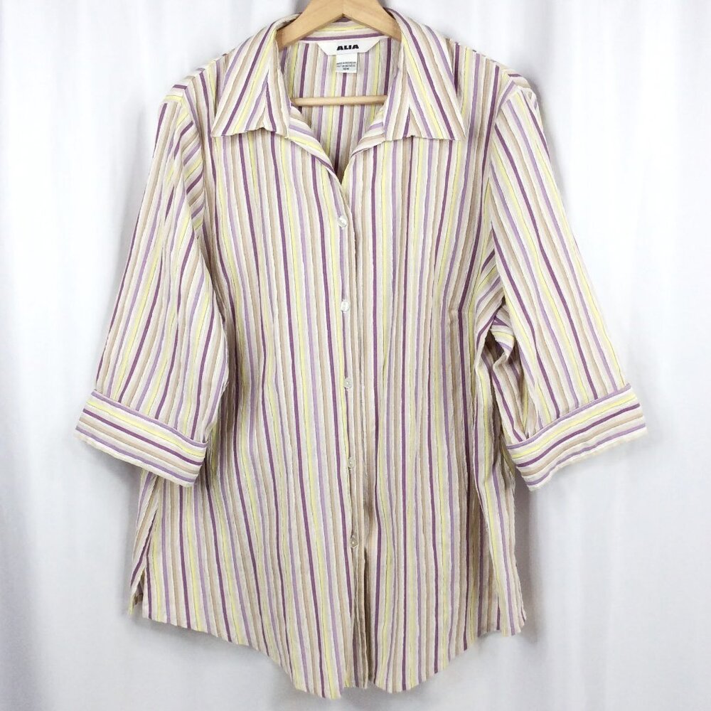 Alia Striped Top Women's Plus‎ Size 18W Button Down 3/4 Sleeves Cotton Blend